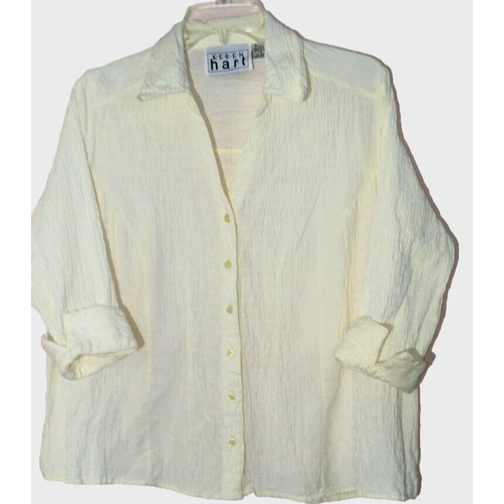 KEREN HART  M 99% Cotton Shirred Stretch Blouse Light Yellow Ruched 3/4 Sleeve